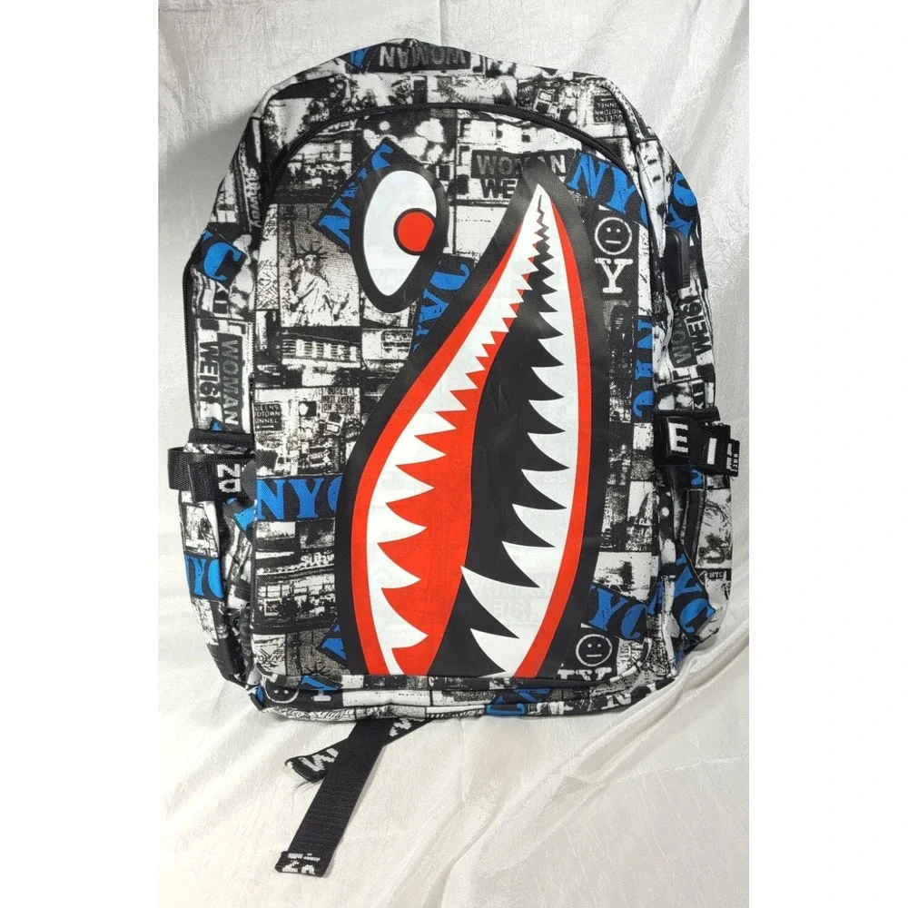 Oxford Cloth Waterproof Large Shark Laptop Backpack Newsprint NYC - 12.6